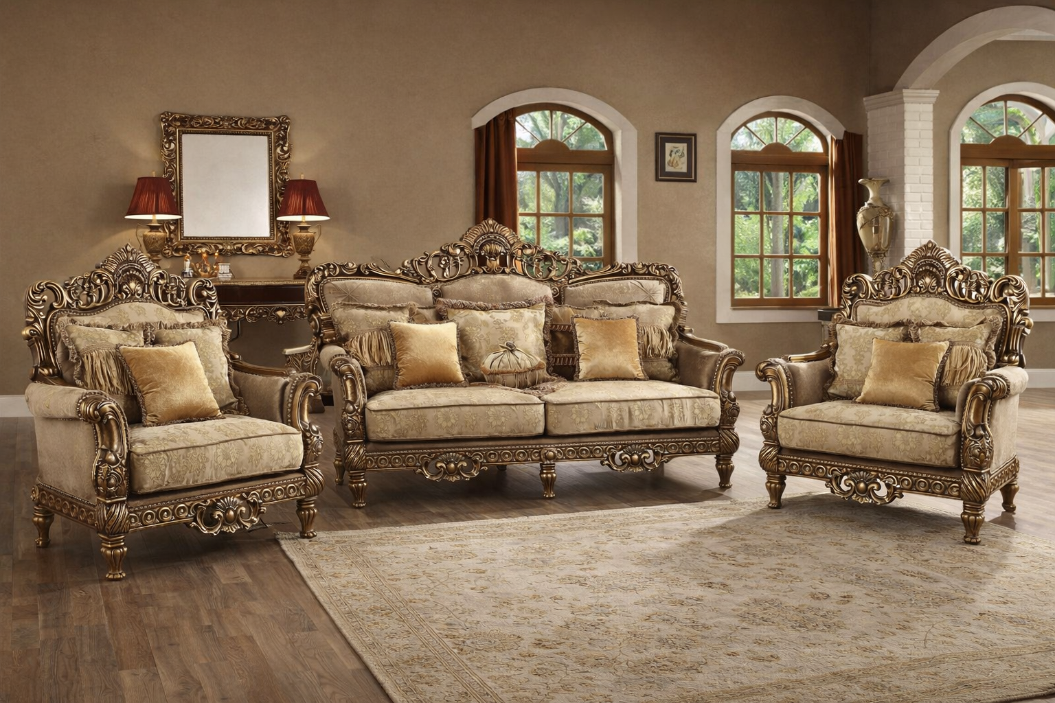 Luxury Royal Wooden Sofa Set (3+1+1) – Hand-Carved European Style Living Room Furniture