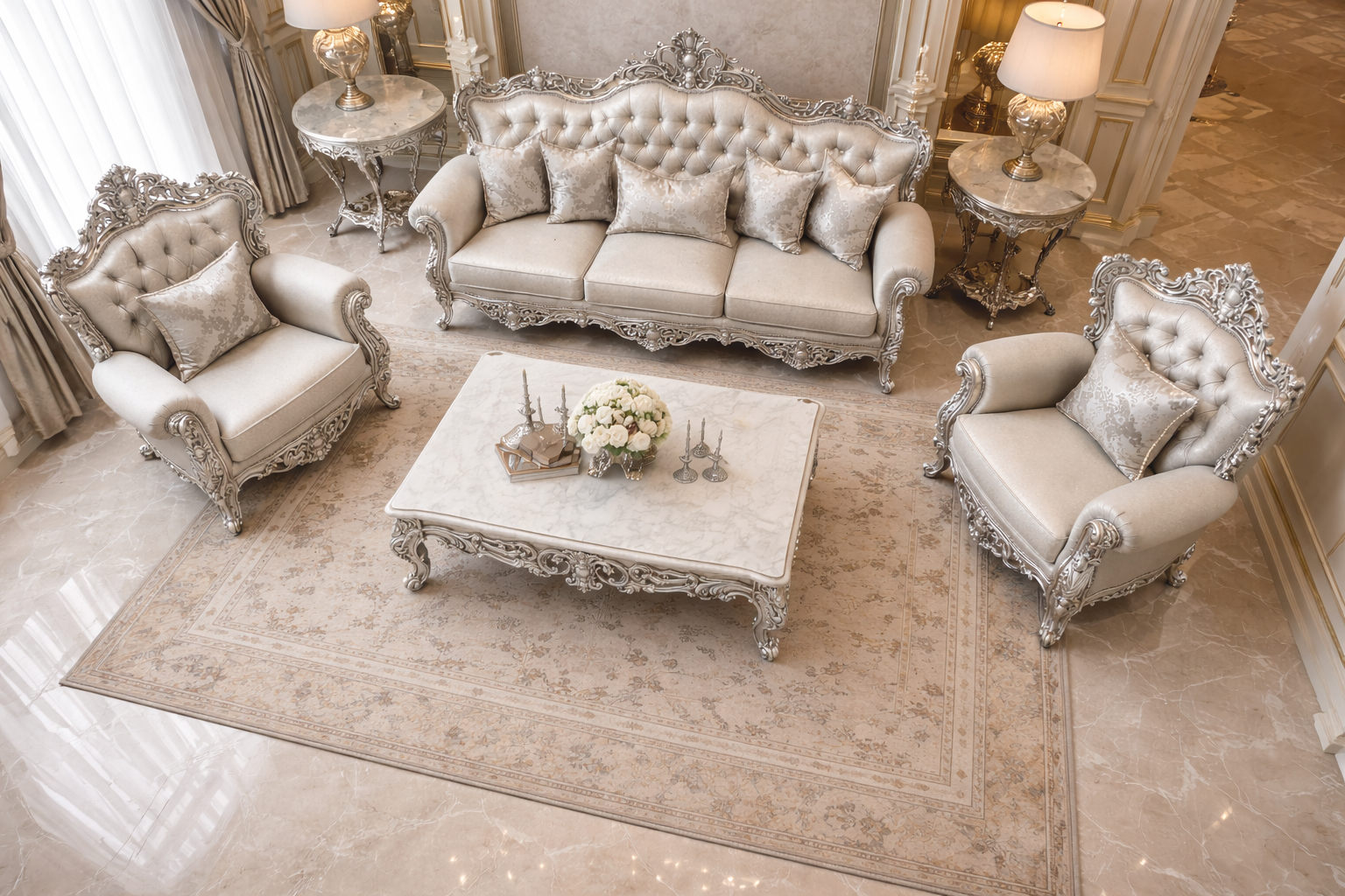 Luxurious Italian Style Silver Carved Sofa Set (3+1+1 with Center Table)