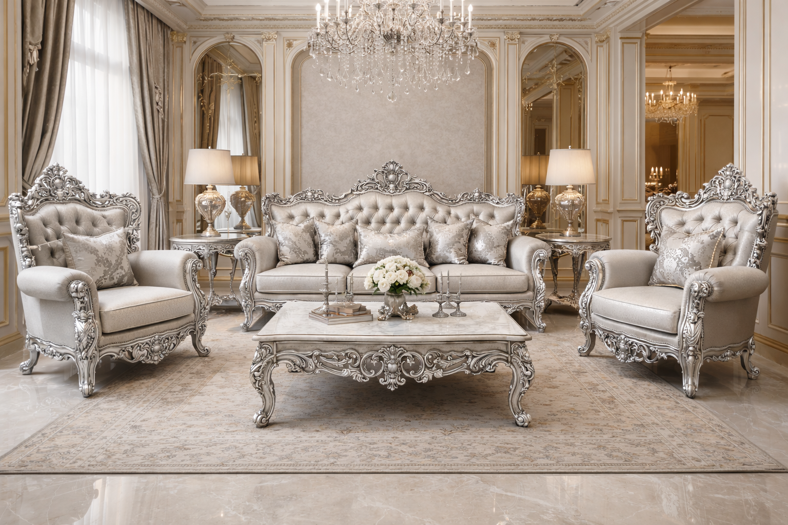 Luxurious Italian Style Silver Carved Sofa Set (3+1+1 with Center Table)