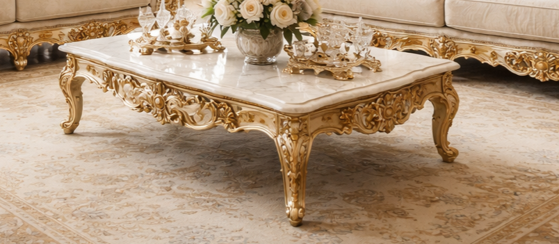 Luxury Royal Sofa Set for Living Room – Classic European Gold Carved Design with Marble Center Table