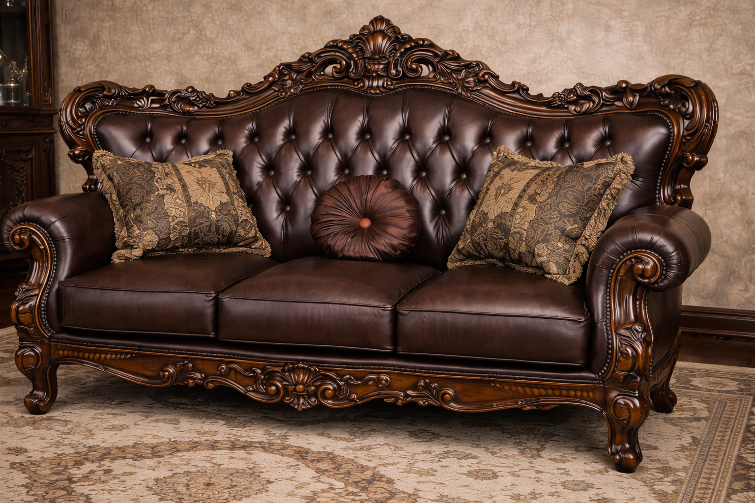 Luxury Classic Wooden Sofa Set (3+1+1) – Premium Leather Finish Hand-Carved Living Room Furniture