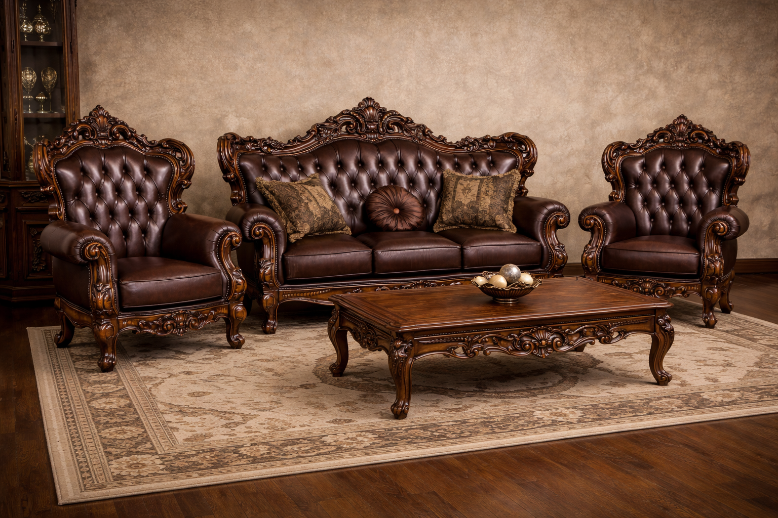 Luxury Classic Wooden Sofa Set (3+1+1) – Premium Leather Finish Hand-Carved Living Room Furniture