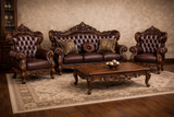 Luxury Classic Wooden Sofa Set (3+1+1) – Premium Leather Finish Hand-Carved Living Room Furniture