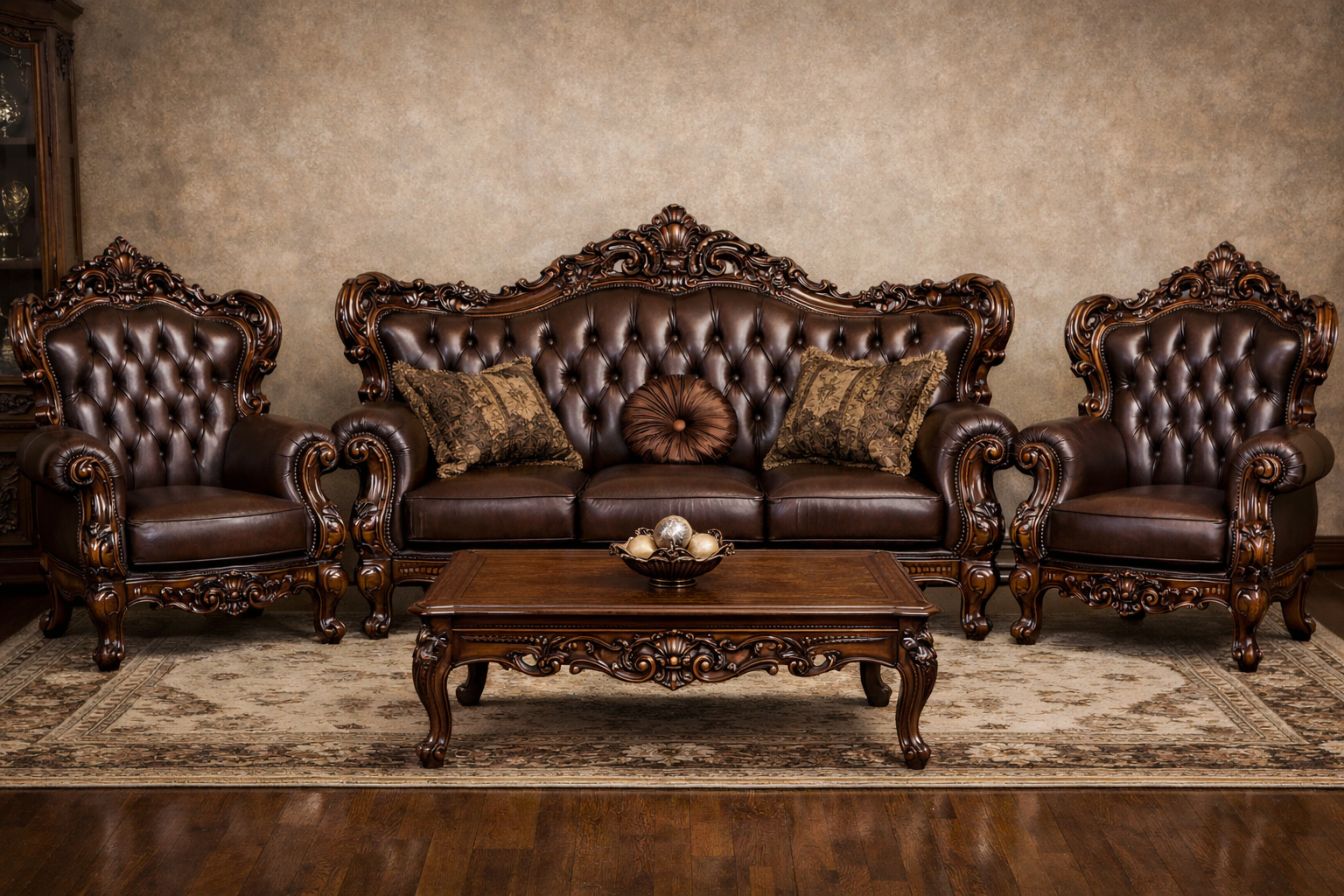 Luxury Classic Wooden Sofa Set (3+1+1) – Premium Leather Finish Hand-Carved Living Room Furniture