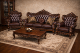 Luxury Classic Wooden Sofa Set (3+1+1) – Premium Leather Finish Hand-Carved Living Room Furniture