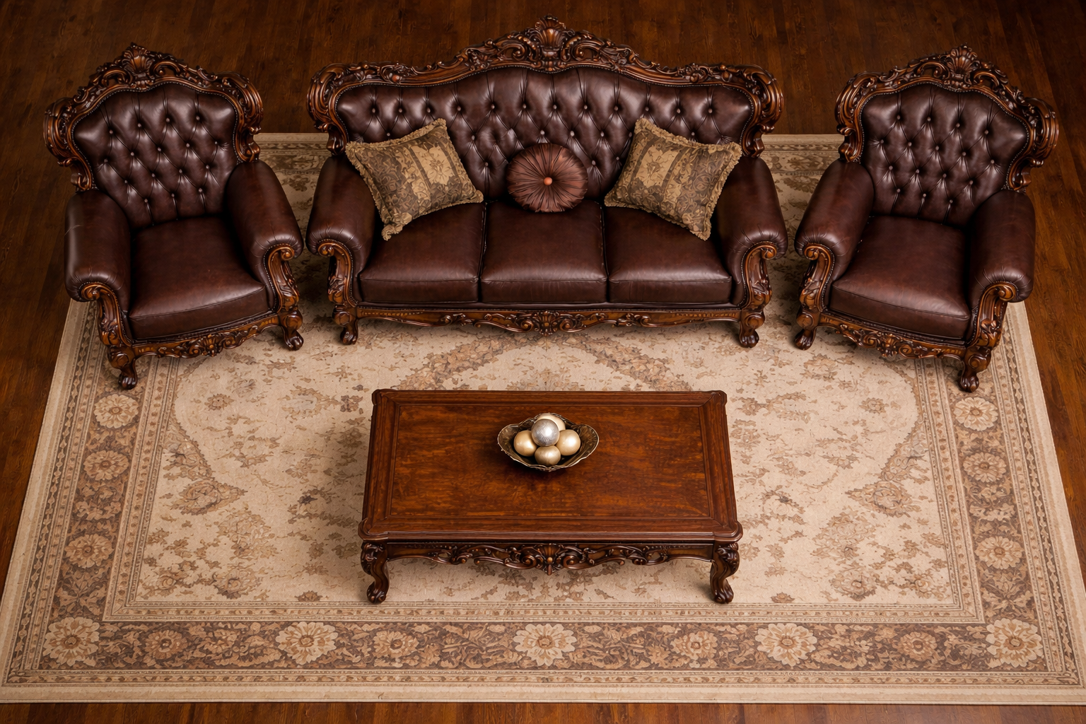 Luxury Classic Wooden Sofa Set (3+1+1) – Premium Leather Finish Hand-Carved Living Room Furniture
