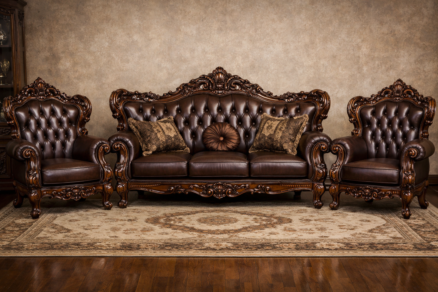 Luxury Classic Wooden Sofa Set (3+1+1) – Premium Leather Finish Hand-Carved Living Room Furniture