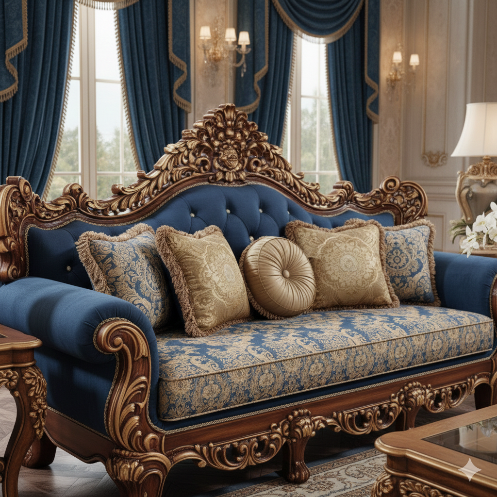 Luxury Royal Blue Sofa Set – Classic European Hand-Carved Living Room Furniture