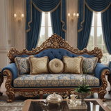 Luxury Royal Blue Sofa Set – Classic European Hand-Carved Living Room Furniture