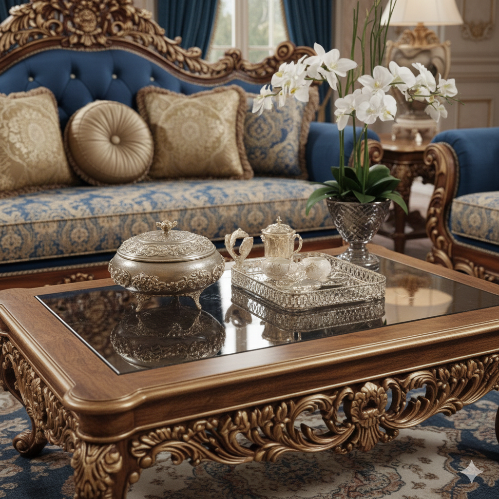 Luxury Royal Blue Sofa Set – Classic European Hand-Carved Living Room Furniture