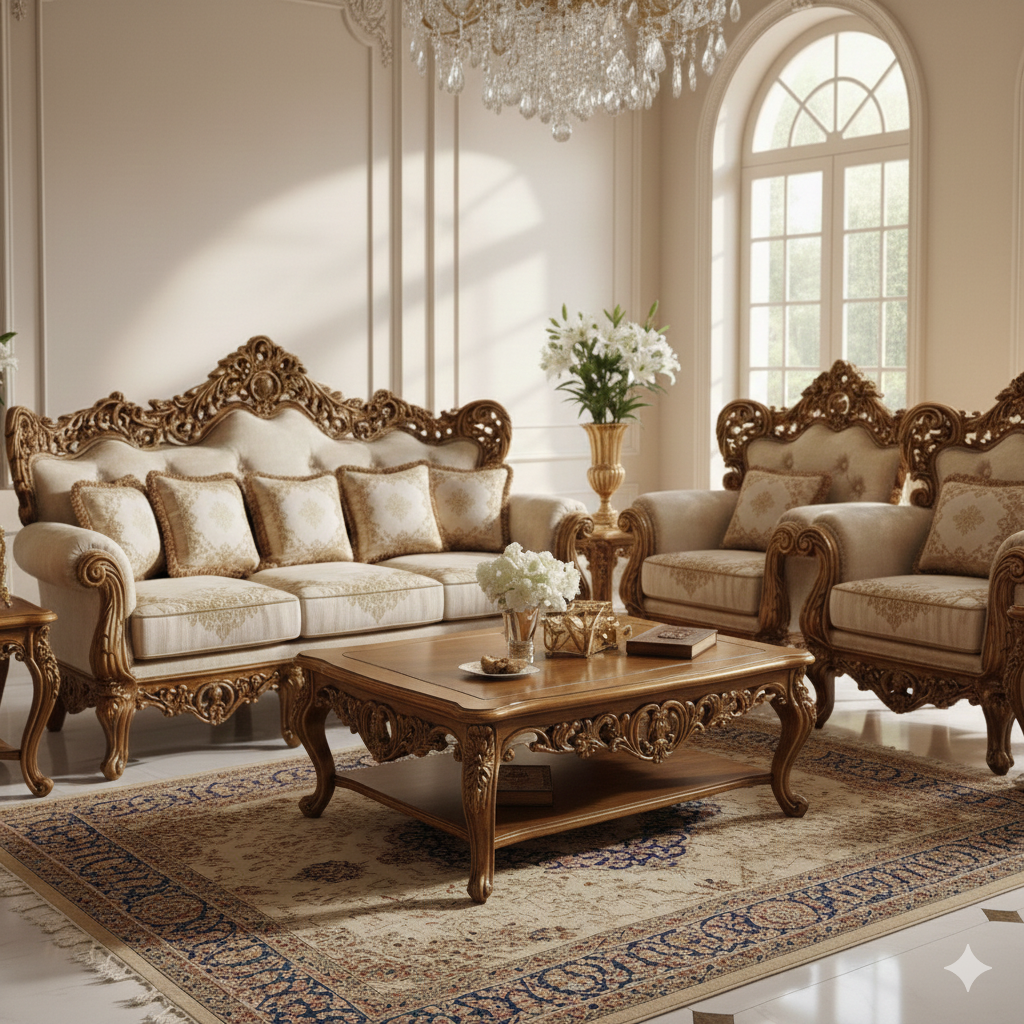 Luxury Royal Cream Sofa Set – Classic European Hand-Carved Living Room Furniture