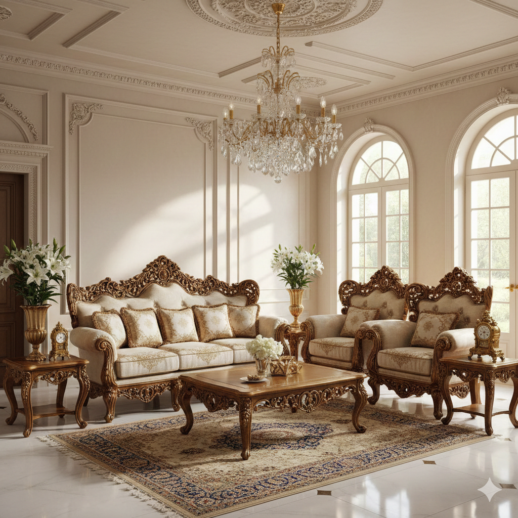 Luxury Royal Cream Sofa Set – Classic European Hand-Carved Living Room Furniture