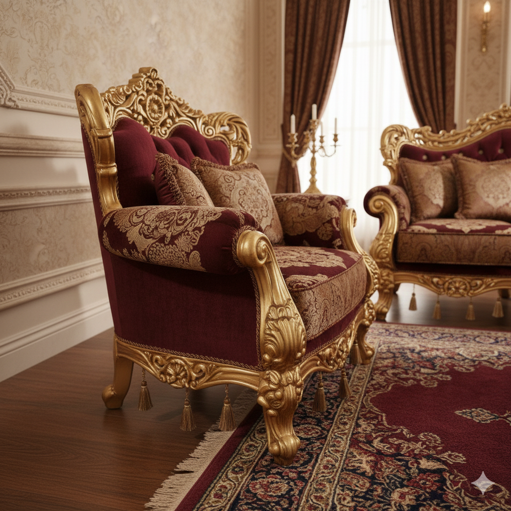 Royal Classic Maroon Sofa Set – European Palace-Style Hand-Carved Living Room Furniture