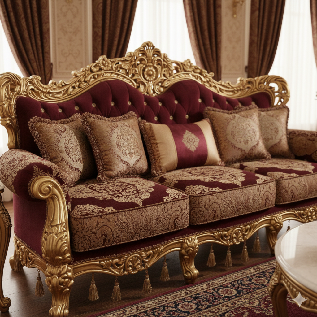 Royal Classic Maroon Sofa Set – European Palace-Style Hand-Carved Living Room Furniture