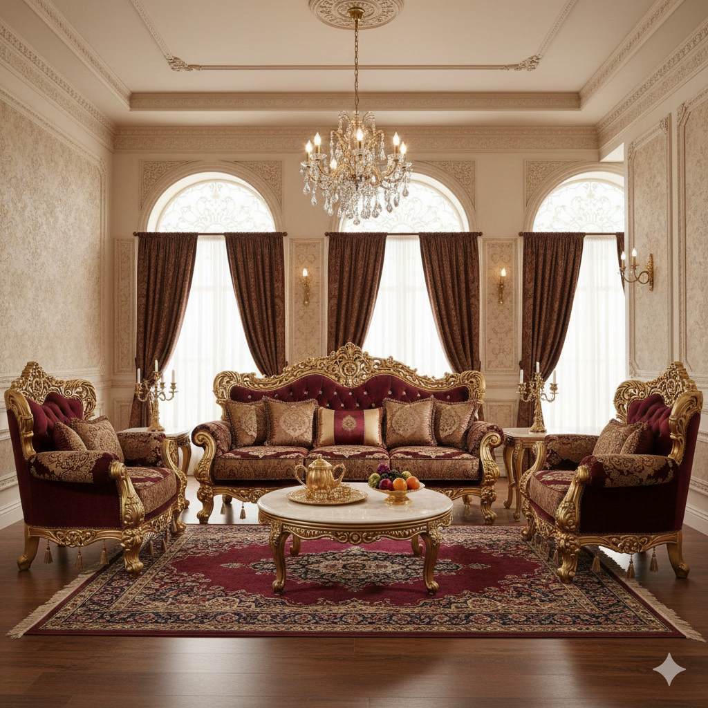 Royal Classic Maroon Sofa Set – European Palace-Style Hand-Carved Living Room Furniture