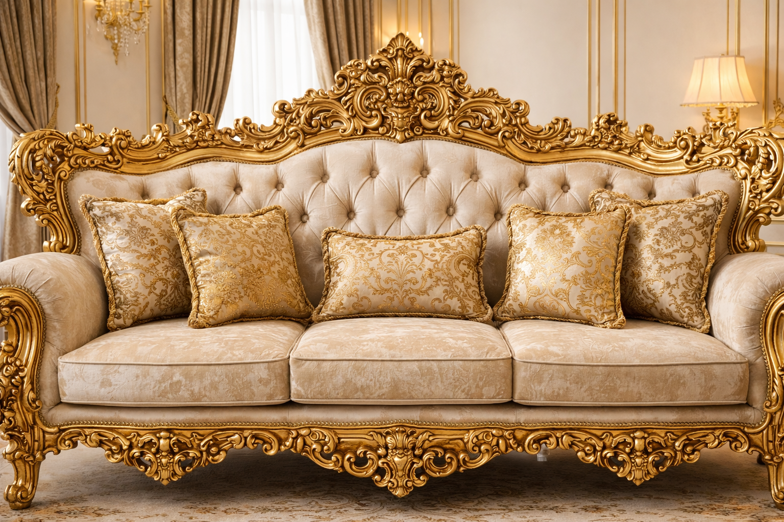 Luxury Royal Gold Sofa Set – Classic European Palace-Style Hand-Carved Living Room Furniture (3+1+1 )