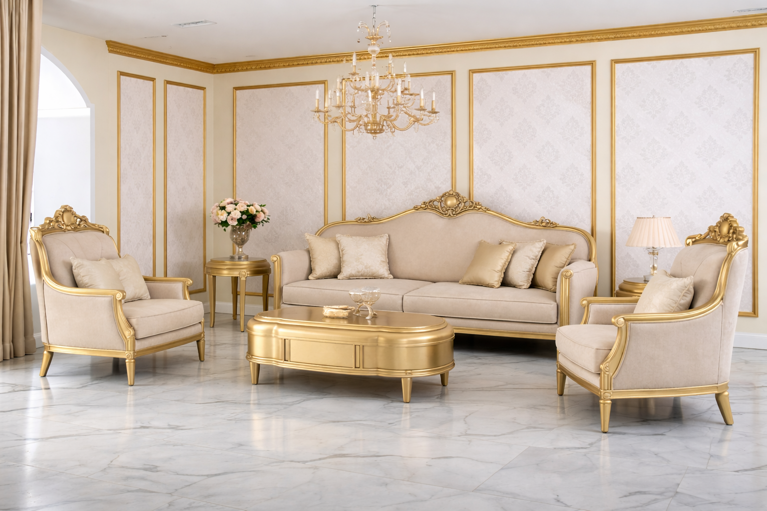 Luxury Classic Gold Sofa Set (3+1+1) – Royal European Hand-Carved Living Room Furniture