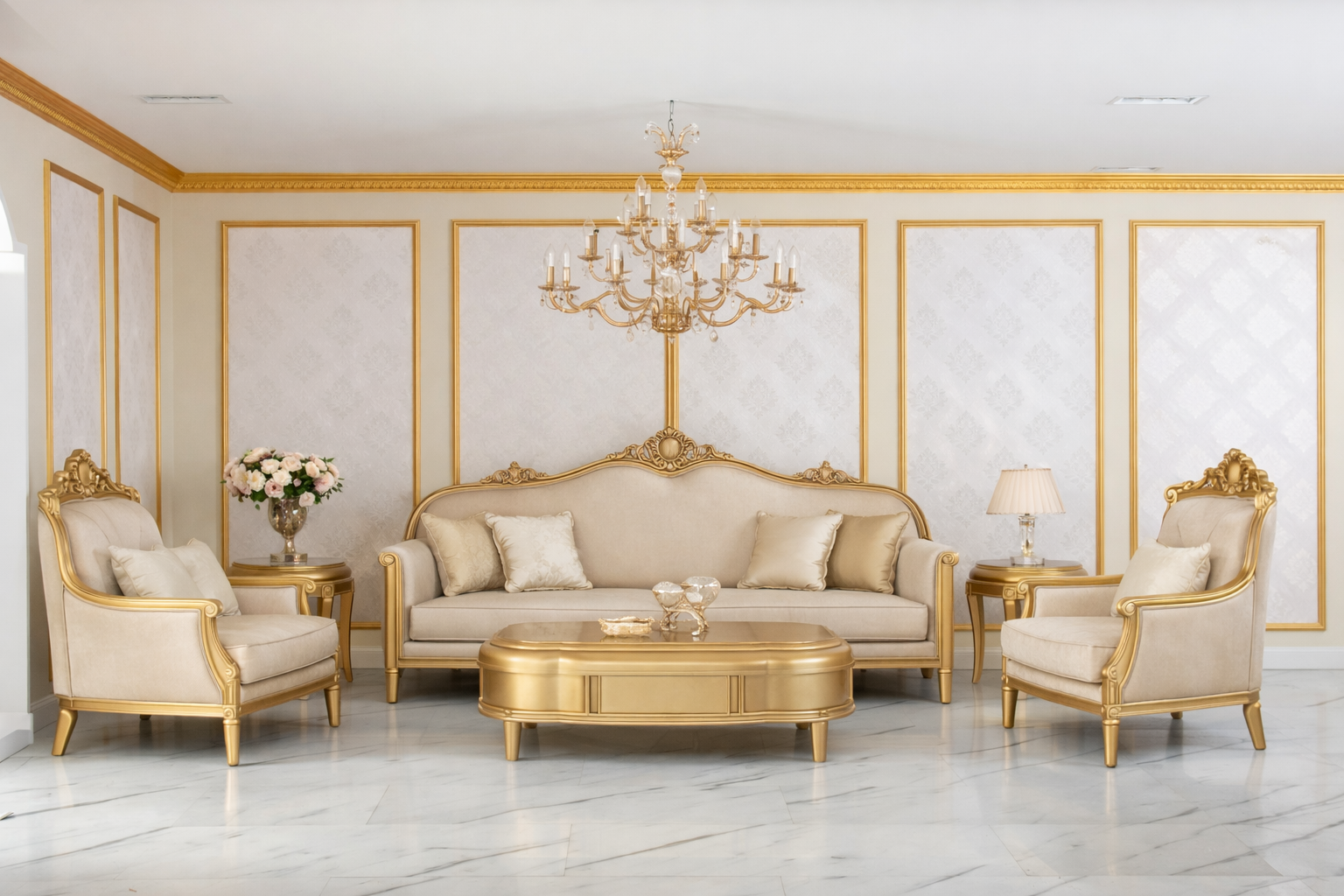 Luxury Classic Gold Sofa Set (3+1+1) – Royal European Hand-Carved Living Room Furniture