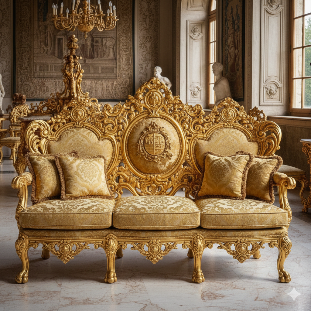 Royal Luxury Gold Sofa Set (3+1+1) – Classic European Palace-Style Hand-Carved Living Room Furniture