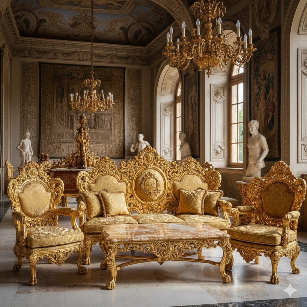 Royal Luxury Gold Sofa Set (3+1+1) – Classic European Palace-Style Hand-Carved Living Room Furniture