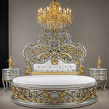 Luxury Antique Round Bed with 2 Side Tables – Premium Designer Royal Bedroom Set