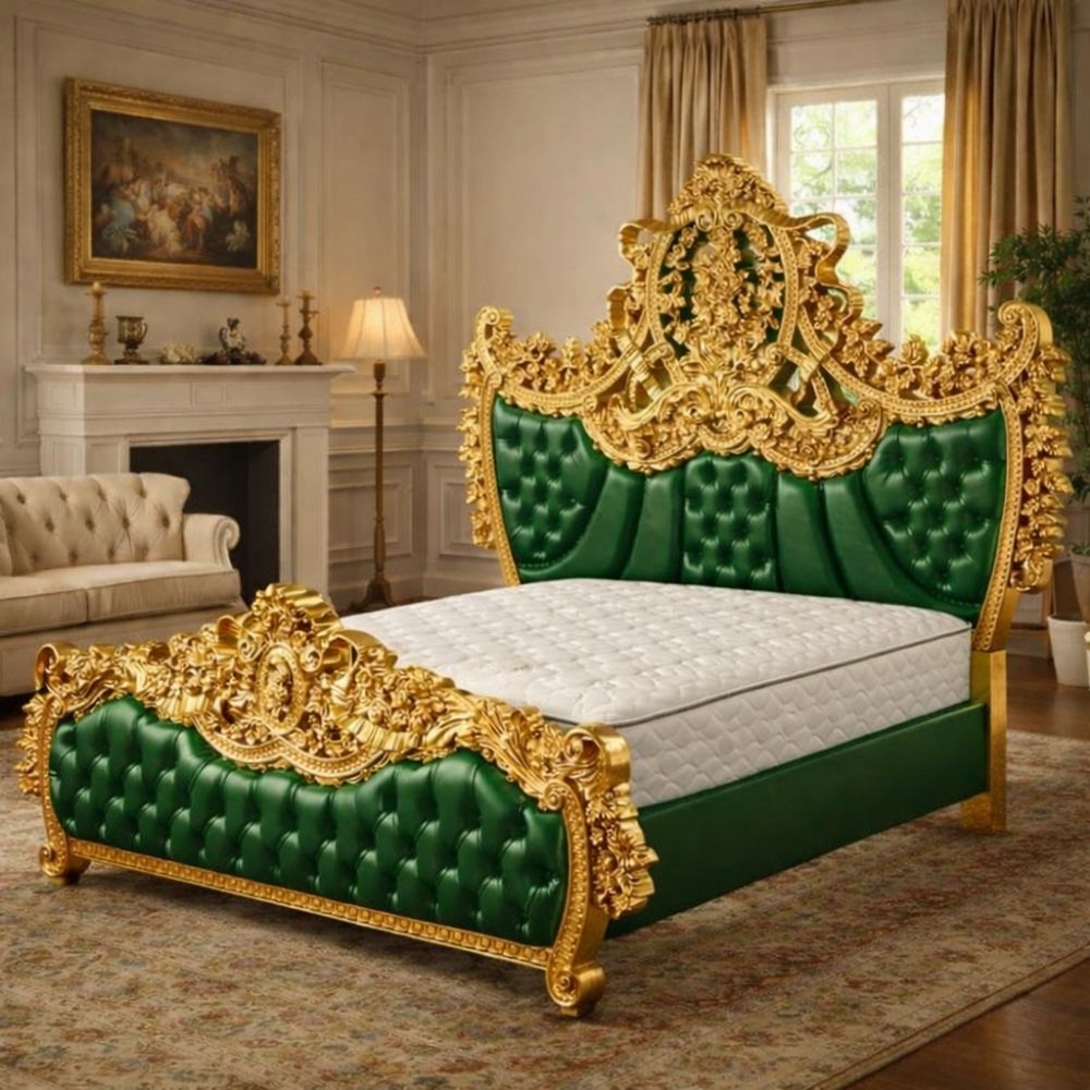 Royal Luxury King Bed – Antique Gold & Emerald Upholstered Palace-Style Bed