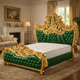 Royal Luxury King Bed – Antique Gold & Emerald Upholstered Palace-Style Bed