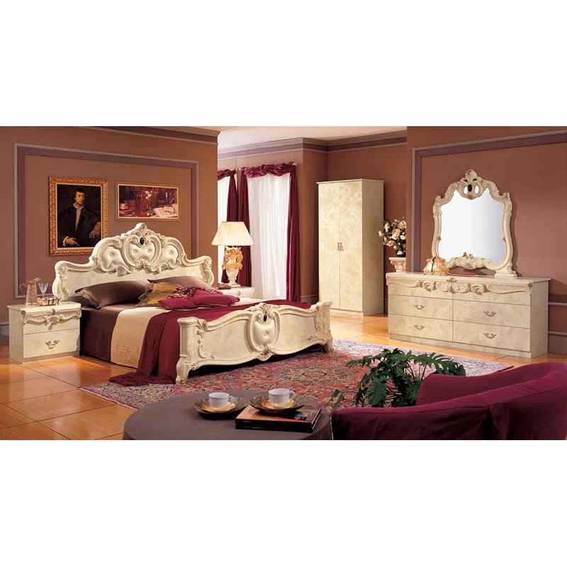 Ivory finish hand carved bed