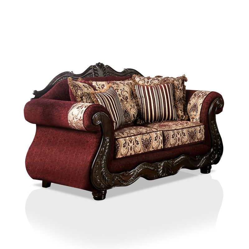 Royal style wooden sofa set with maroon upholstery