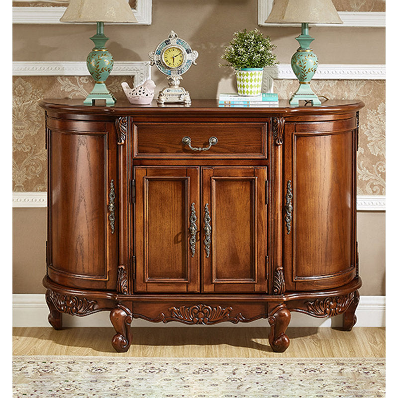 Luxury teak wood storage console with carved detailing