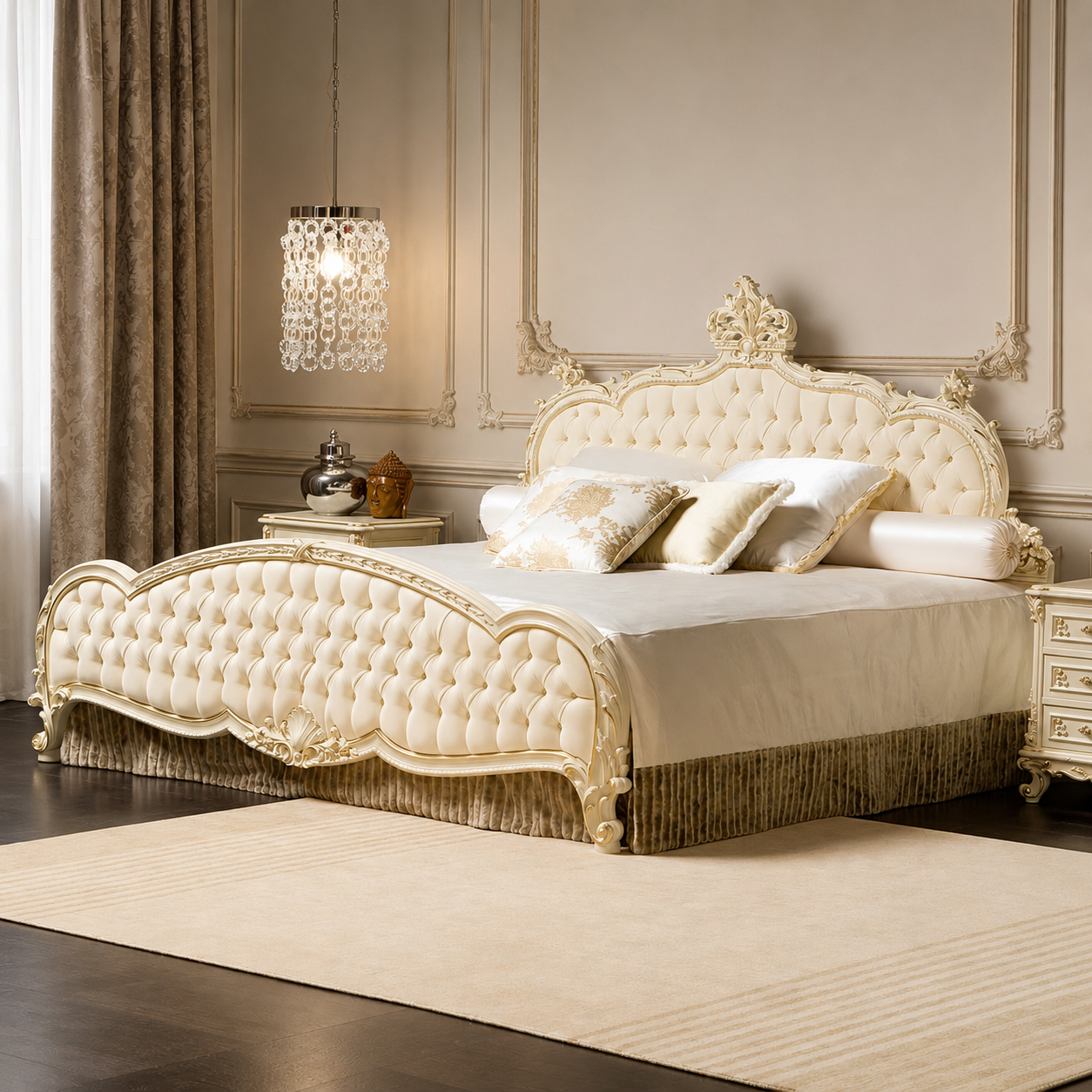 “Luxury classic teak wood bed with tufted headboard”