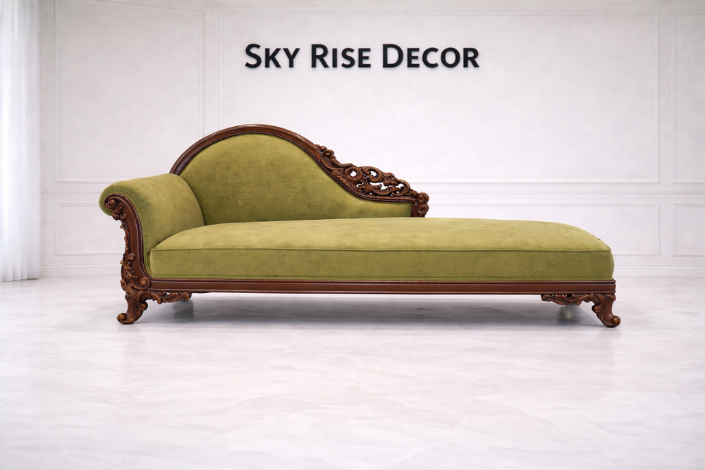 Royal hand carved chaise lounge sofa with premium upholstery and classic Victorian design
