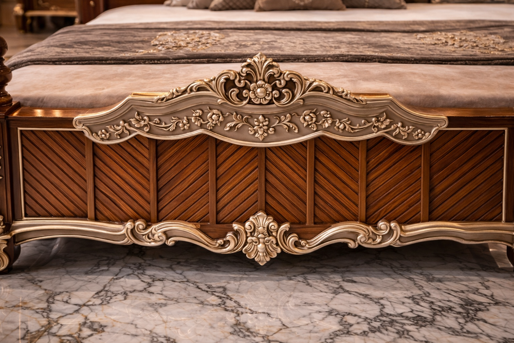 Hand carved tufted upholstered headboard with ornate gold carving
