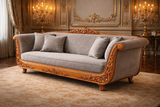 Antique Royal Luxury Hand-Carved Wooden Sofa | Grey Fabric & Antique Finish