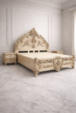 Royal cream gold wooden bed with heavy carving design
