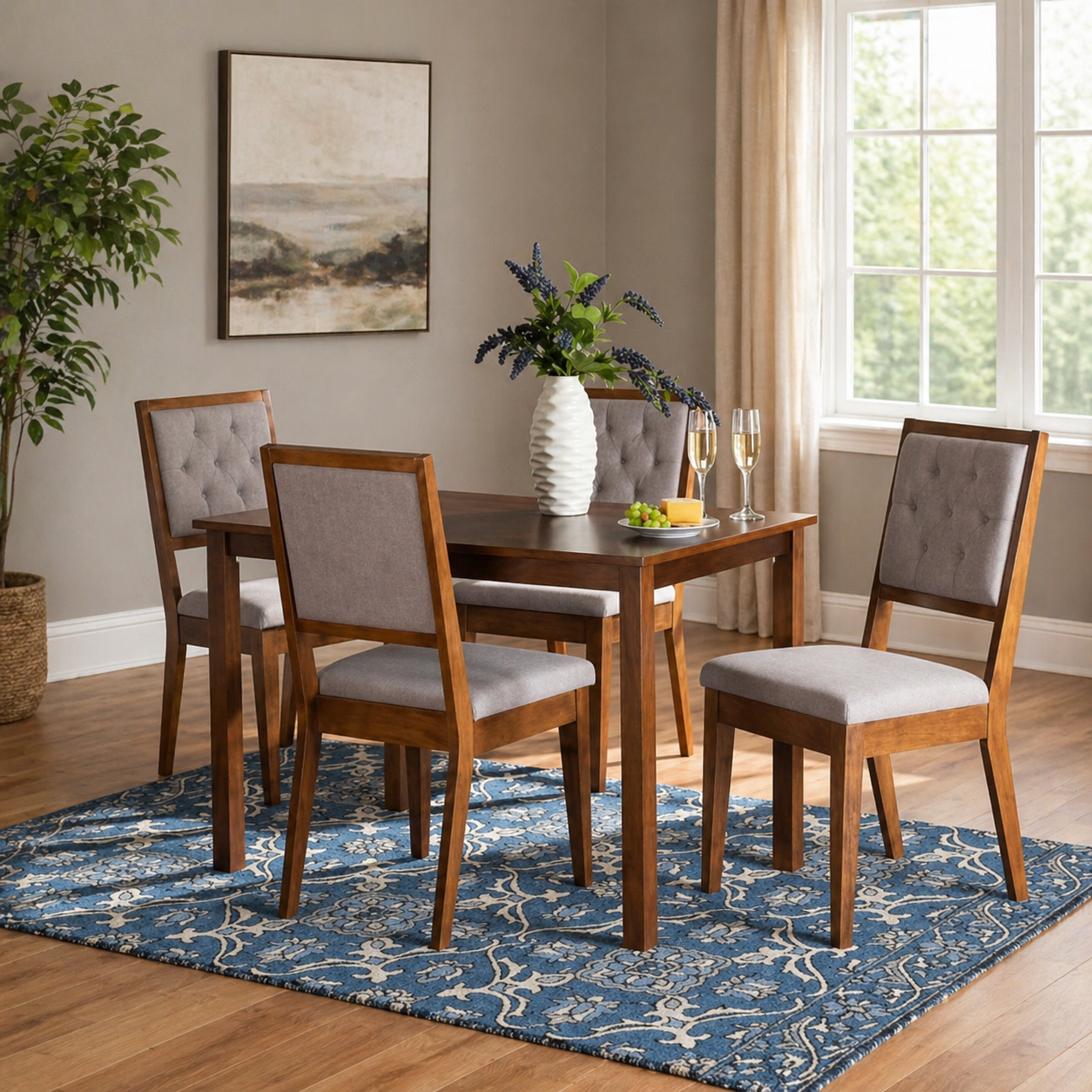 Modern wooden dining table set with upholstered chairs