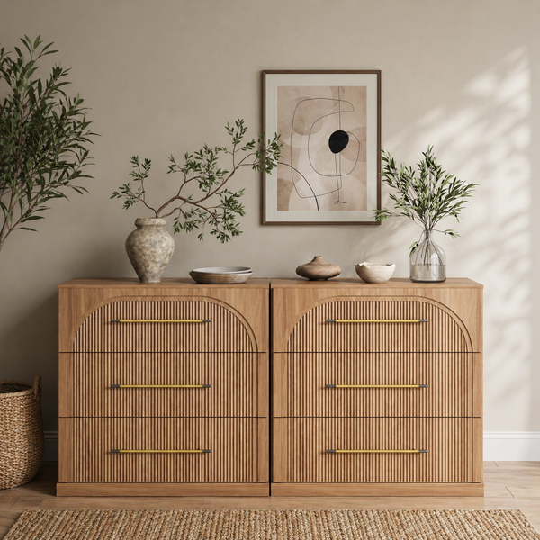 Arched fluted wood 6-drawer dresser in natural oak finish