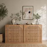 Arched fluted wood 6-drawer dresser in natural oak finish