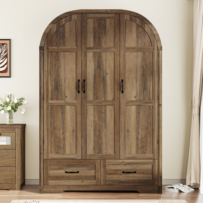 Solid teak wood wardrobe with drawer storage and rustic design