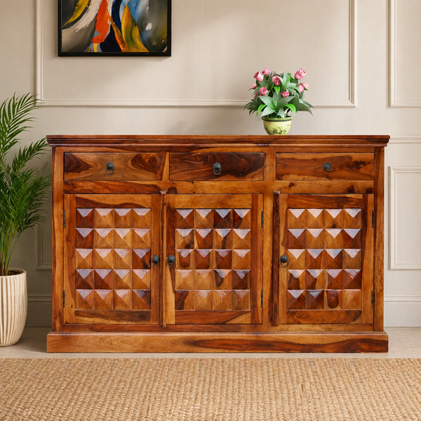 Solid wood sideboard cabinet with geometric carved doors