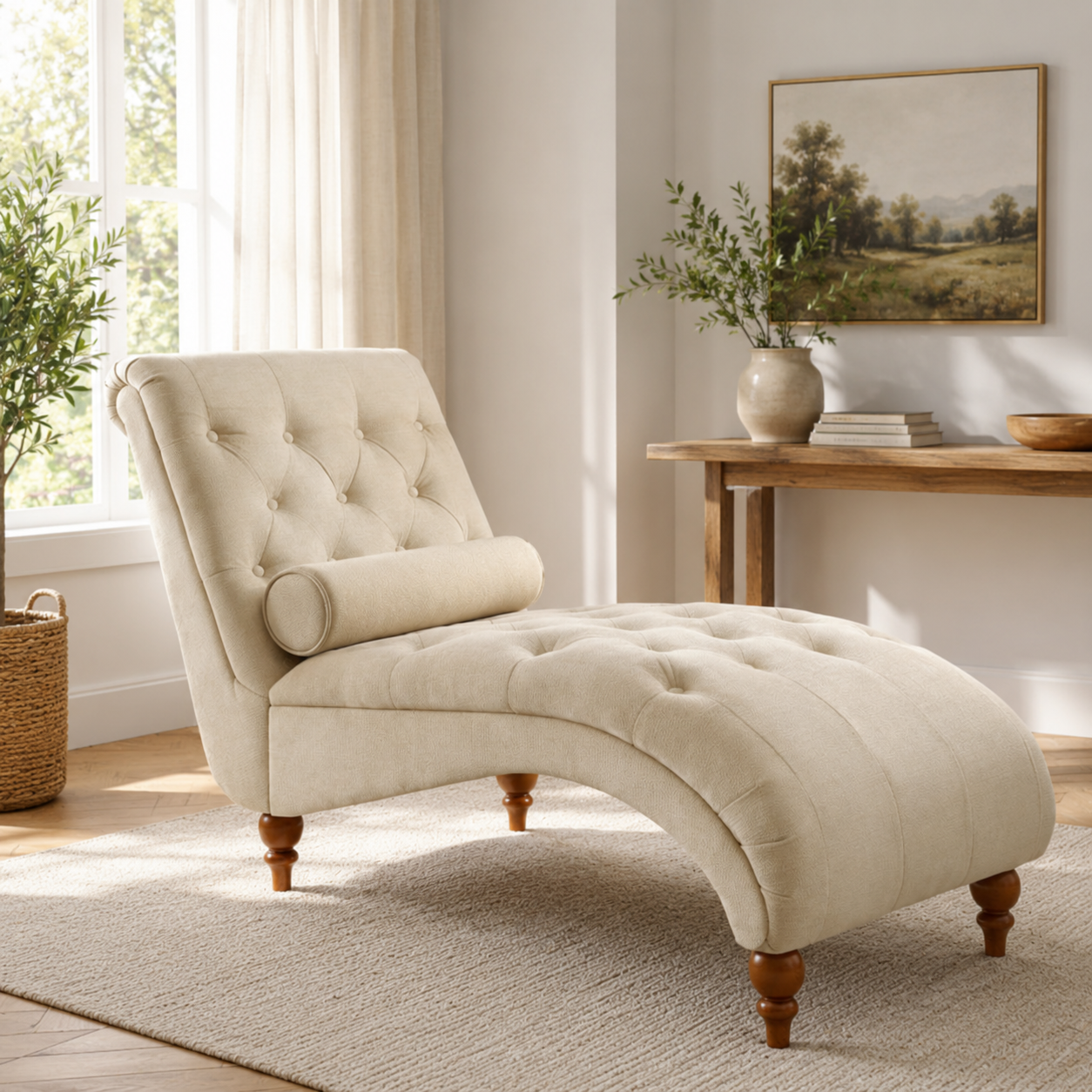 Beige tufted chaise lounge with bolster pillow