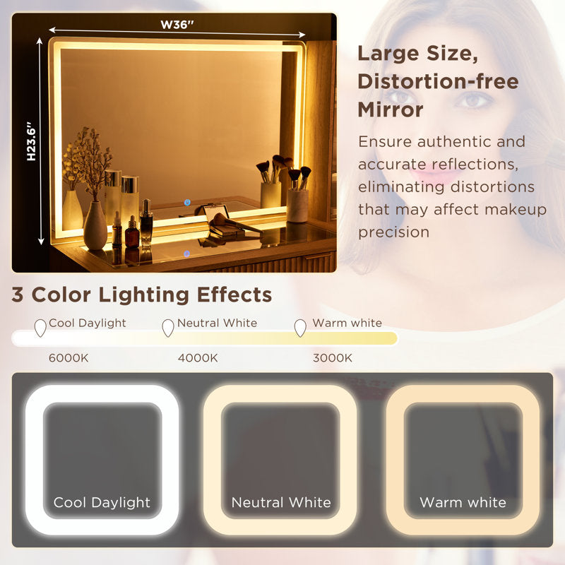 Wooden makeup vanity desk with large mirror