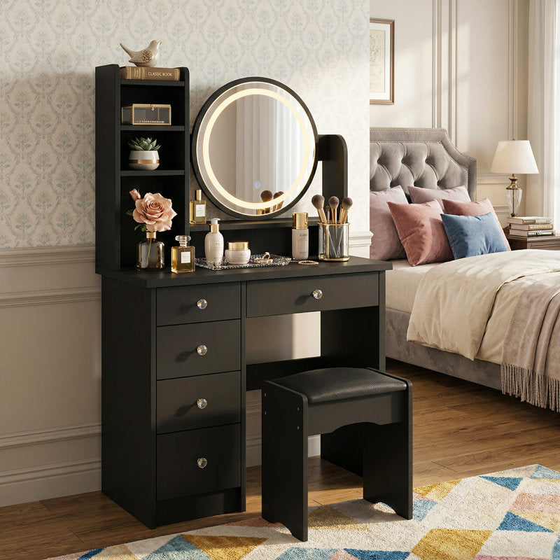 Premium Dressing Table with LED Round Mirror & Storage Drawers | Modern Bedroom Vanity by Sky Rise Decor