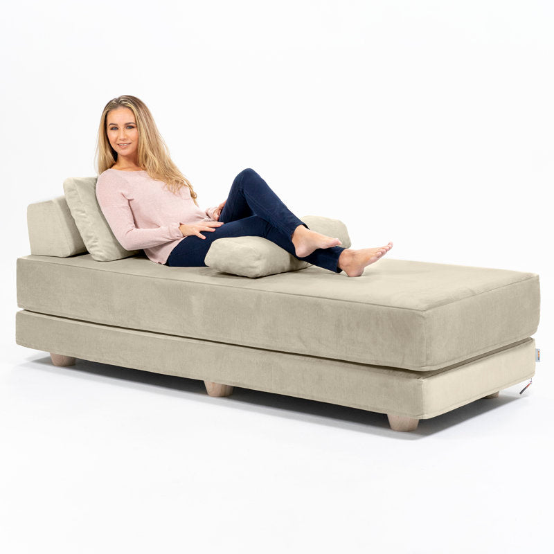 Contemporary teak wood chaise with upholstered seat