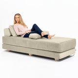 Contemporary teak wood chaise with upholstered seat