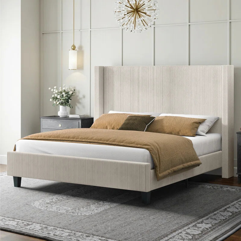 Designer bed frame with vertical panel headboard