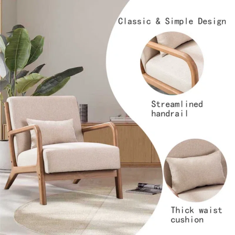 Modern beige armchair with pillow for cozy reading nook