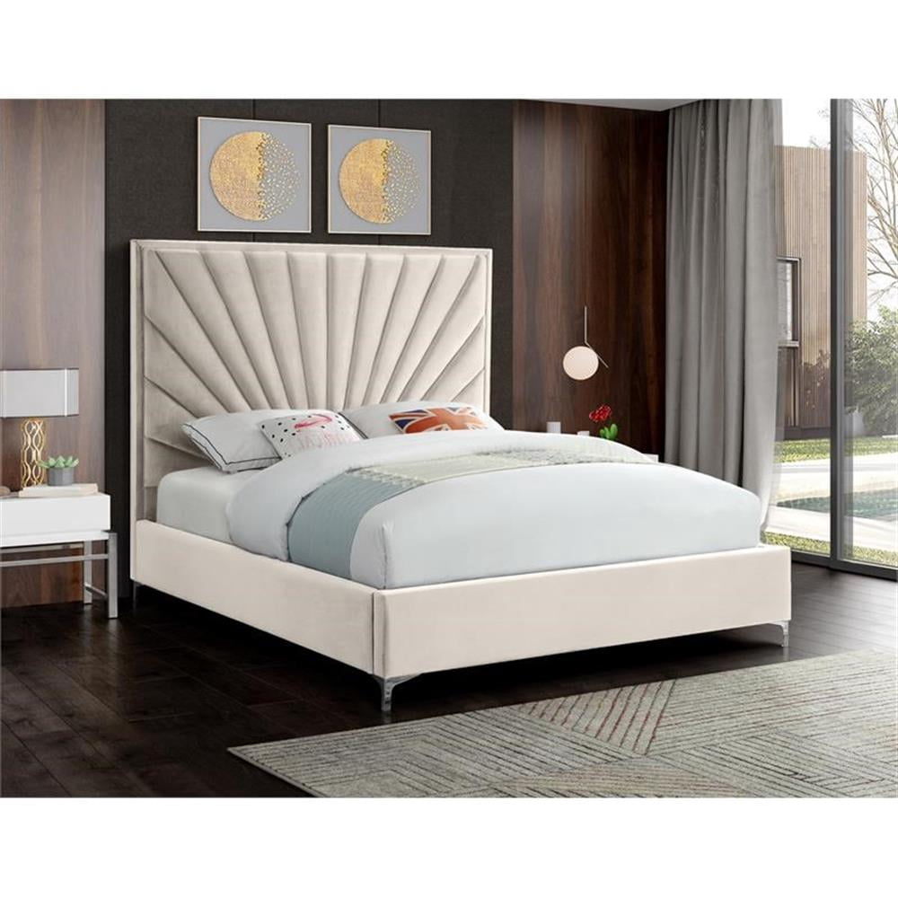 beige platform bed with fan design headboard