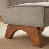 beige fabric lounge chair with solid teak wood legs