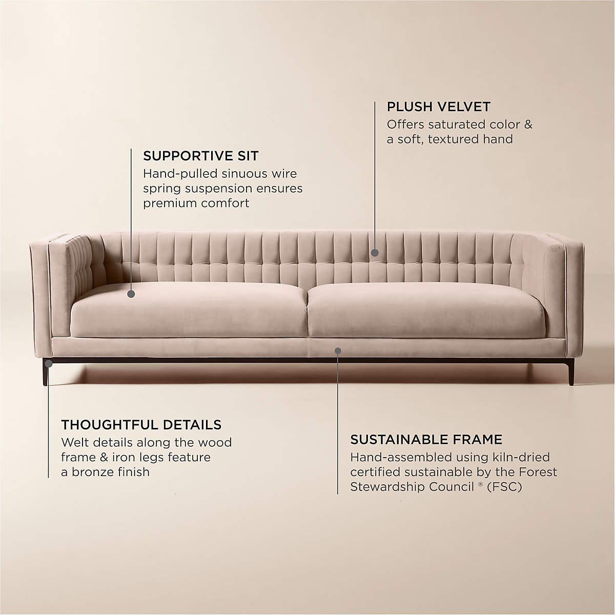 Contemporary beige upholstered teak wood couch